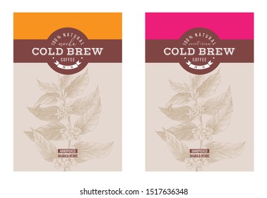 2 Cold Brew Coffee Labels With Hand Drawn Coffee Branch. Vector Illustration