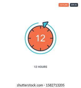 2 color 12 hours concept line vector icon. isolated two colored 12 hours outline icon with blue and red colors can be use for web, mobile. Stroke line eps 10.