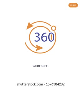 2 color 360 degrees concept vector icon. isolated two color 360 degrees vector sign symbol designed with blue and orange colors can be use for web, mobile and logo. eps 10.