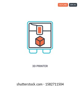 2 color 3d printer concept line vector icon. isolated two colored 3d printer outline icon with blue and red colors can be use for web, mobile. Stroke line eps 10.
