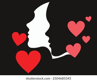 Las 2 siluetas abstractas de color solo Vector Estilo Cara femenina con corazones en el espacio negro, corazón colorido con cara de mujer con estilo de siluetas