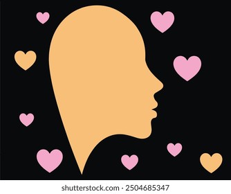 The 2 color abstract silhouettes single vector Style Female Face with hearts on black space, Colorfull heart with woman face with silhouettes style