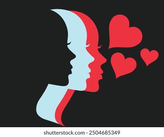 The 2 color abstract silhouettes single vector Style Female Face with hearts on black space, Colorfull heart with woman face with silhouettes style