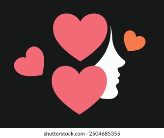 The 2 color abstract silhouettes single vector Style Female Face with hearts on black space, Colorfull heart with woman face with silhouettes style