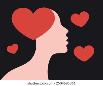 Las 2 siluetas abstractas de color solo Vector Estilo Cara femenina con corazones en el espacio negro, corazón colorido con cara de mujer con estilo de siluetas