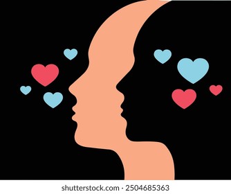 The 2 color abstract silhouettes single vector Style Female Face with hearts on black space, Colorfull heart with woman face with silhouettes style