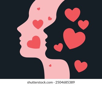 Las 2 siluetas abstractas de color solo Vector Estilo Cara femenina con corazones en el espacio negro, corazón colorido con cara de mujer con estilo de siluetas