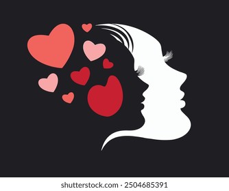 The 2 color abstract silhouettes single vector Style Female Face with hearts on black space, Colorfull heart with woman face with silhouettes style