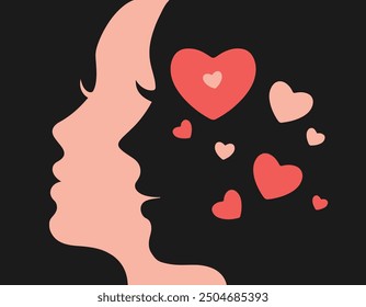 The 2 color abstract silhouettes single vector Style Female Face with hearts on black space, Colorfull heart with woman face with silhouettes style