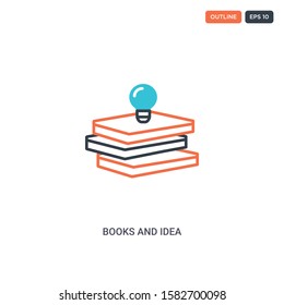 2 color Books and idea concept line vector icon. isolated two colored Books and idea outline icon with blue and red colors can be use for web, mobile. Stroke line eps 10.