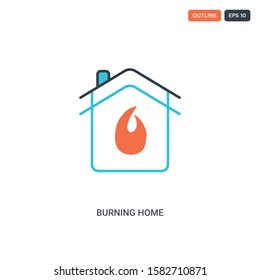 2 color Burning home concept line vector icon. isolated two colored Burning home outline icon with blue and red colors can be use for web, mobile. Stroke line eps 10.