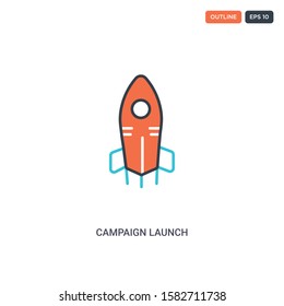 2 color Campaign launch concept line vector icon. isolated two colored Campaign launch outline icon with blue and red colors can be use for web, mobile. Stroke line eps 10.