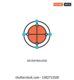 2 color decentralized concept line vector icon. isolated two colored decentralized outline icon with blue and red colors can be use for web, mobile. Stroke line eps 10.