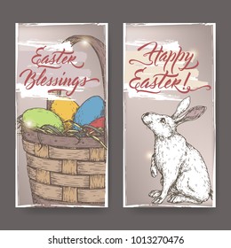 2 color Easter greeting card with eggs in wicker basket. Based on hand drawn sketch and brush calligraphy. Great for holiday design.