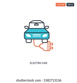 2 color electro car concept line vector icon. isolated two colored electro car outline icon with blue and red colors can be use for web, mobile. Stroke line eps 10.