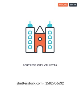 2 color fortress city valletta architecture concept line vector icon. isolated two colored fortress city valletta architecture outline icon with blue and red colors can be use for web, mobile. Stroke