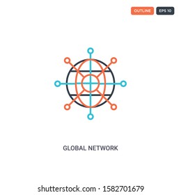 2 color Global network concept line vector icon. isolated two colored Global network outline icon with blue and red colors can be use for web, mobile. Stroke line eps 10.