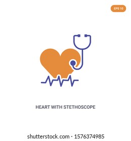 2 Color Heart With Stethoscope And Heartbeat Concept Vector Icon. Isolated Two Color Heart With Stethoscope And Heartbeat Vector Sign Symbol Designed With Blue And Orange Colors Can Be Use For Web