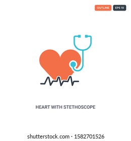 2 Color Heart With Stethoscope And Heartbeat Concept Line Vector Icon. Isolated Two Colored Heart With Stethoscope And Heartbeat Outline Icon With Blue And Red Colors Can Be Use For Web, Mobile