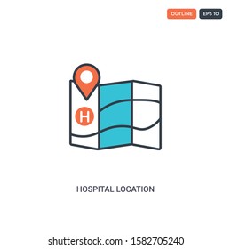 2 color hospital location concept line vector icon. isolated two colored hospital location outline icon with blue and red colors can be use for web, mobile. Stroke line eps 10.