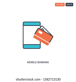 2 color Mobile banking concept line vector icon. isolated two colored Mobile banking outline icon with blue and red colors can be use for web, mobile. Stroke line eps 10.