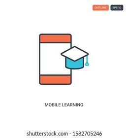 2 color mobile learning concept line vector icon. isolated two colored mobile learning outline icon with blue and red colors can be use for web, mobile. Stroke line eps 10.