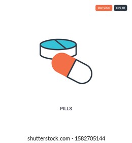 2 color pills concept line vector icon. isolated two colored pills outline icon with blue and red colors can be use for web, mobile. Stroke line eps 10.