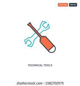 2 color technical tools concept line vector icon. isolated two colored technical tools outline icon with blue and red colors can be use for web, mobile. Stroke line eps 10.