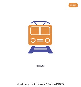 2 color Tram concept vector icon. isolated two color Tram vector sign symbol designed with blue and orange colors can be use for web, mobile and logo. eps 10.