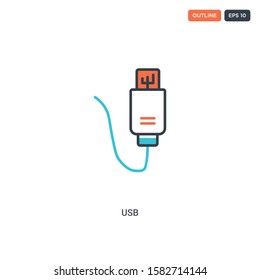 2 color Usb concept line vector icon. isolated two colored Usb outline icon with blue and red colors can be use for web, mobile. Stroke line eps 10.