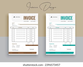 2 Color Variation Business invoice form template. Invoicing quotes, money bills or pricelist and payment agreement design templates. Tax form, or payment receipt.