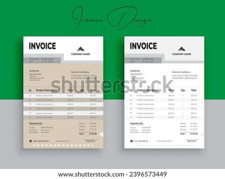2 Color Variation Business invoice form template. Invoicing quotes, money bills or pricelist and payment agreement design templates. Tax form, or payment receipt.