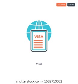 2 color Visa concept line vector icon. isolated two colored Visa outline icon with blue and red colors can be use for web, mobile. Stroke line eps 10.