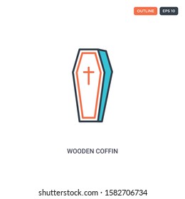 2 color wooden coffin concept line vector icon. isolated two colored wooden coffin outline icon with blue and red colors can be use for web, mobile. Stroke line eps 10.