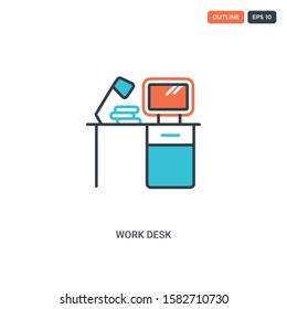 2 color Work desk concept line vector icon. isolated two colored Work desk outline icon with blue and red colors can be use for web, mobile. Stroke line eps 10.