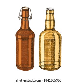 2 colorful hand drawn beer bottles. Vector illustration in retro style