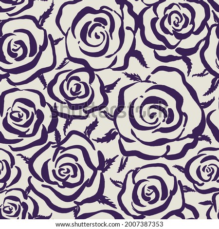 2 colors hand drawn seamless floral pattern with roses. All over vector pattern.