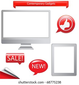 2 Gadgets Contemporâneos - Computador E Toque Fictício Tablet, Isolado No Fundo Branco, Ilustração De Vetor