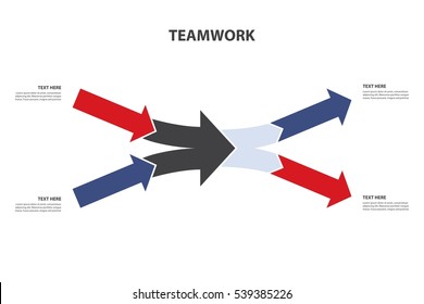 2 Converging And Diverging Horizontal Arrows, Isolated On White Background. Teamwork And Focus On Results. Vector Infographics Template.