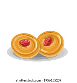 2 cookies filled with strawberry jam, put together.Vector illustration isolated on white background.