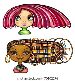 2 cool hair styles on beautiful girls: Chic  girl with a short stylish haircut with bright  pink high lights, and African american cute girl with colorful braids and original ethnic jewelry.