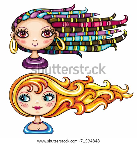 2 cool hair styles on beautiful girls: Exotic beautiful girl with colorful dreadlocks, braids and ethnic jewelry. Blue-eyed beauty with blonde and red playful hair. pretty ladies isolated on white