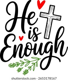 2 Coríntios 12:9 - Ele é bastante citação cristã com letras com cruz e coração Doodles - Elegante escova roteiro Faith Vetor - Bíblia Inspirado Arte Religiosa	