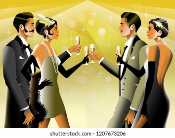 2 Couples at a party in the style of the early 20th century. Retro party invitation card. Handmade drawing vector illustration. Art Deco style.