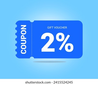 2% coupon promotion sale. Two percent Vector Gift Voucher. Blue discount, lucky ticket, special offer promo. Web, shopping label, percent sign. Special price offers.