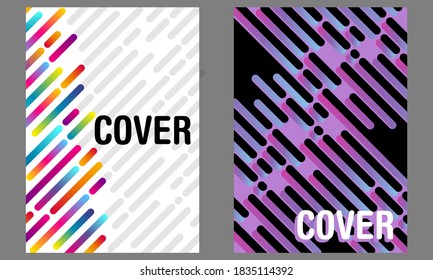 2 portadas para folletos, catálogos o folletos con fondo abstracto con líneas diagonales punteadas en colores vivos y negro.