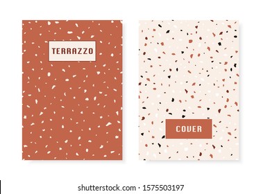 2 covers with terrazzo flooring imitation pattern. Abstract geometric shapes background. Creative collage for modern surface design. Vector poster set.