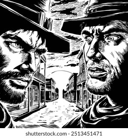 2 cowboys faces off during the sunset readying of gunfight