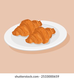 2 Croissant on a Plate Vector Illustration isolated on white background. Croissant. Fresh baking, for menu, cafe, bakery, logo, color and black and white illustration.