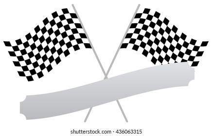 2 crossed racing flags with empty banner, plaque shape for texts